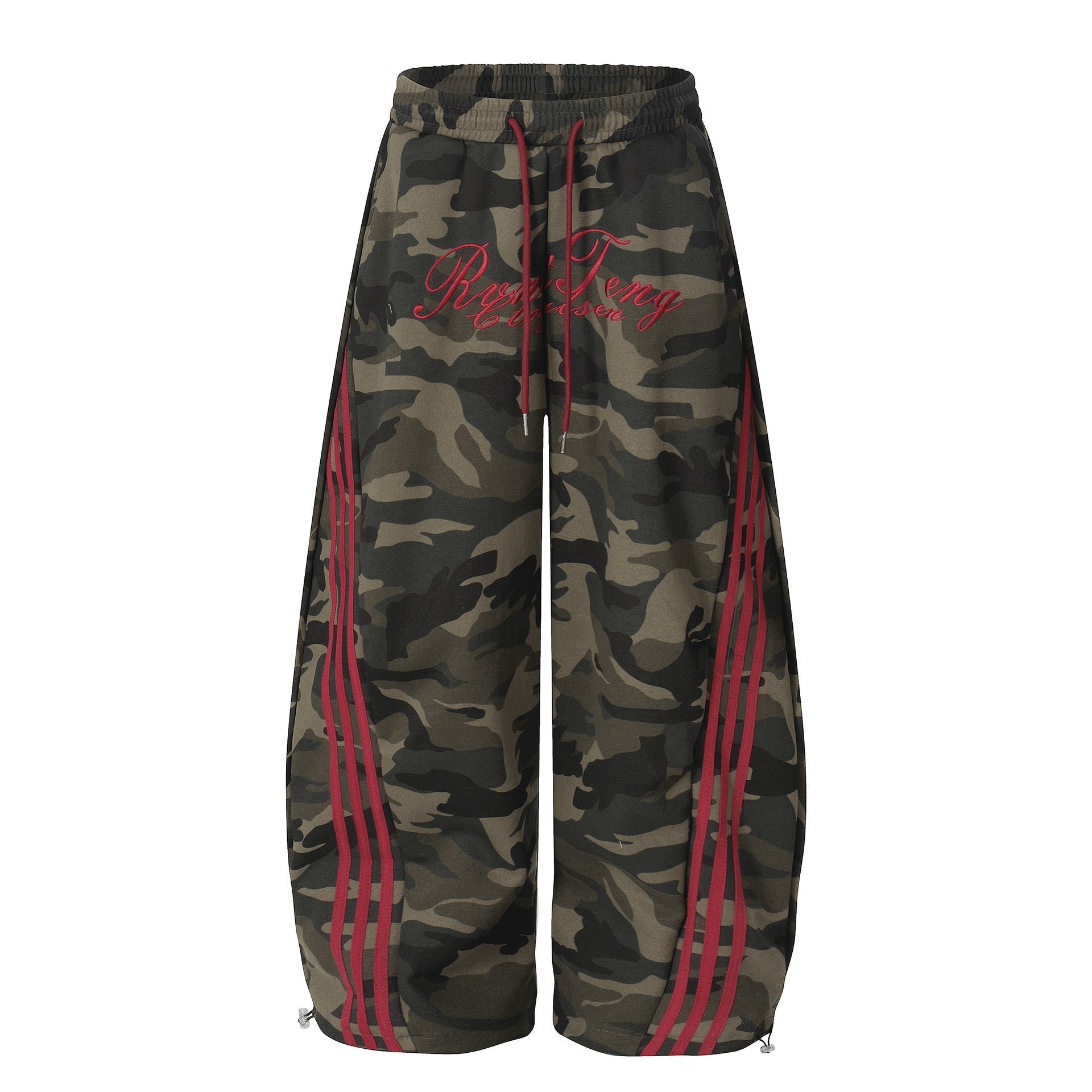 Camouflage Wide-Leg Pants with Red Stripes and Embroidery for Casual Wear 