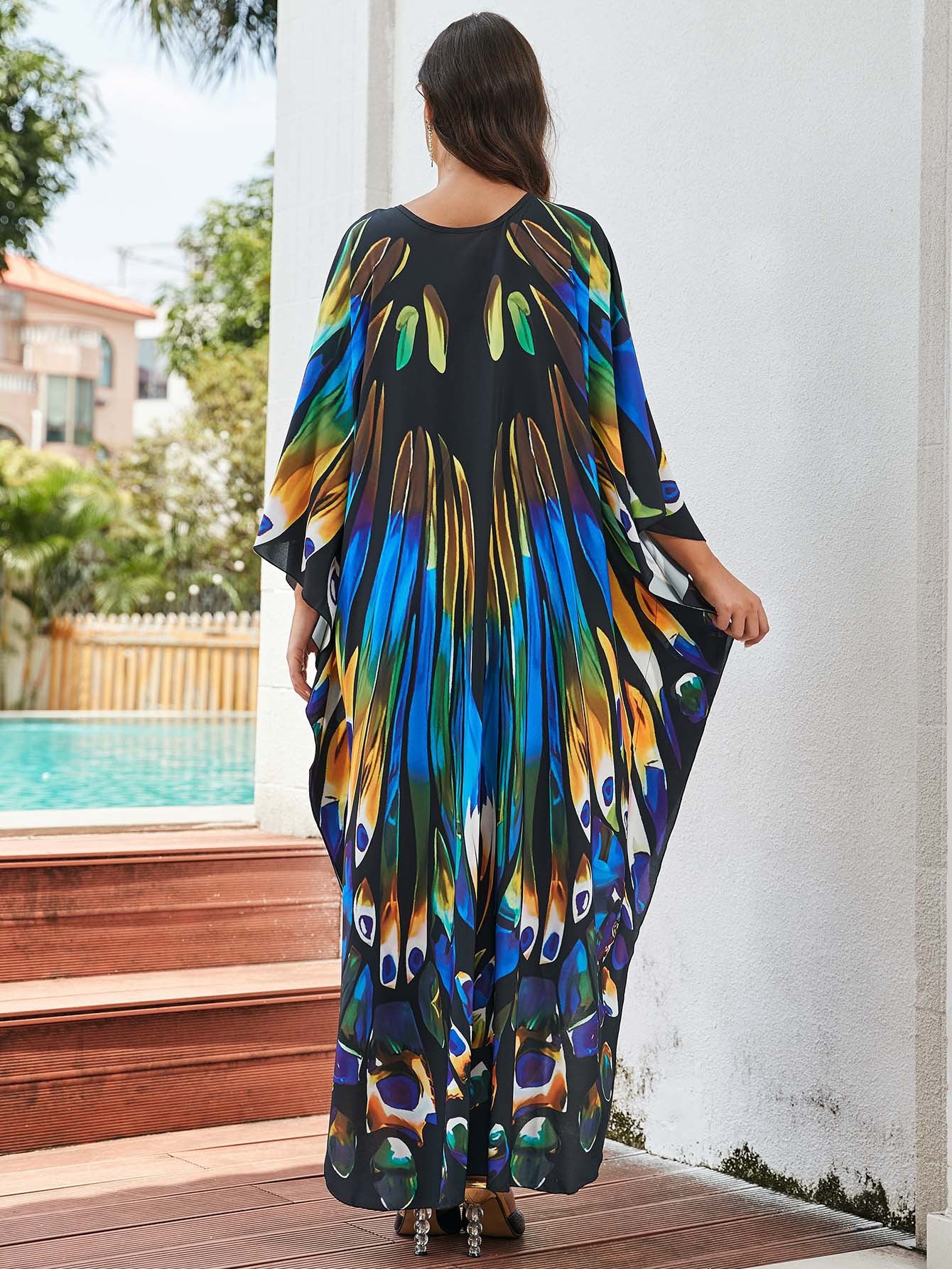 [Plus Size] Butterfly/feather Print Ruched Split Hem Tunic Dress, Valentine's Day Elegant Batwing Sleeve V Neck Long Dress for Summer, Casual Womenswear, Gift, Homecoming Dresses, Women's Clothes for Beach Holiday Vacation, Moo Moo Dresses
