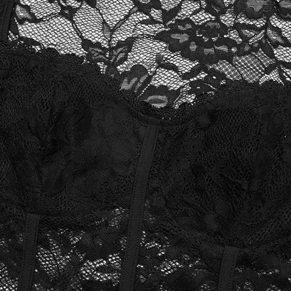 Women's Lace Long Sleeve Corset Bodysuit Tops Sheer Mesh V neck Jumpsuit