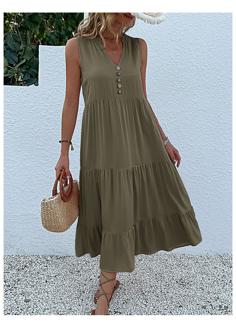 Summer Flowy Maxi Dress with Pockets Sleeveless Loose Casual Sundress V-Neck Tiered Sun Dress for Beach Cruise Vacations