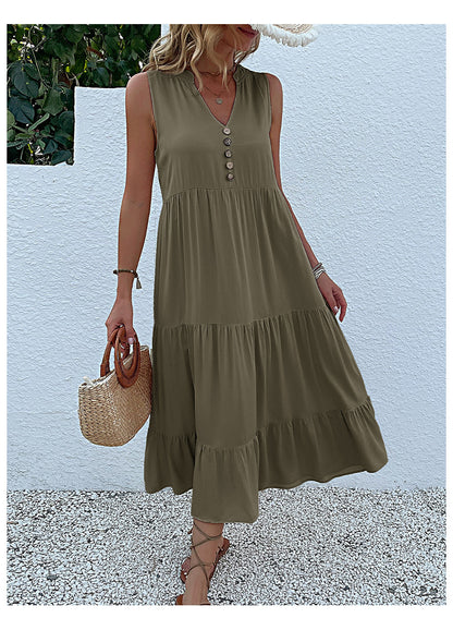 Summer Flowy Maxi Dress with Pockets Sleeveless Loose Casual Sundress V-Neck Tiered Sun Dress for Beach Cruise Vacations