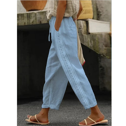 Women's Linen Capri Pants with Drawstring Petite Summer Beachwear Lightweight Elastic Waist Pants - Seldom Seen Styles