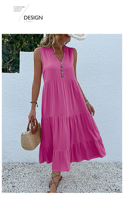 Summer Flowy Maxi Dress with Pockets Sleeveless Loose Casual Sundress V-Neck Tiered Sun Dress for Beach Cruise Vacations