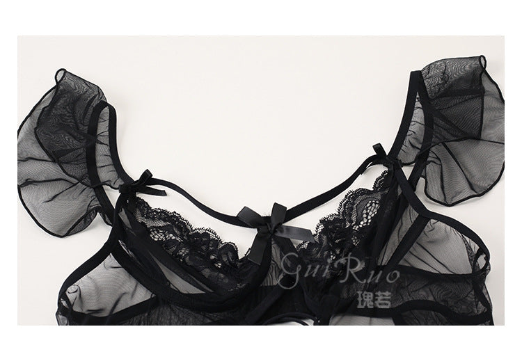 Gorgeous Sexy Mesh Slim-Fit Tie-Up Bodysuit Open-Crotch Temptation Pure Desire Erotic Lingerie Uniform Set - Seldom Seen Styles