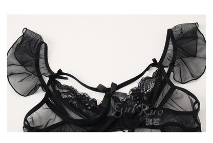 Gorgeous Sexy Mesh Slim-Fit Tie-Up Bodysuit Open-Crotch Temptation Pure Desire Erotic Lingerie Uniform Set - Seldom Seen Styles