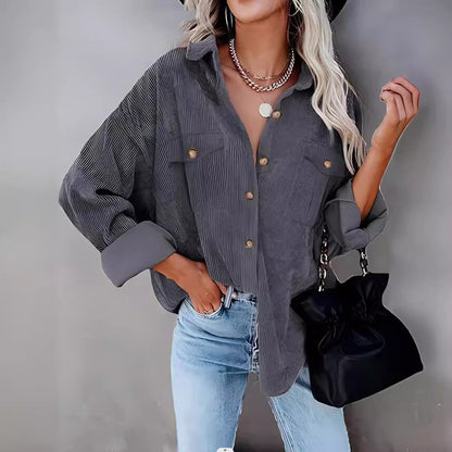 Womens Fashion Cropped Corduroy Shackets Button Down Jackets Tops Fall Trendy Long Sleeve Shirts - Seldom Seen Styles