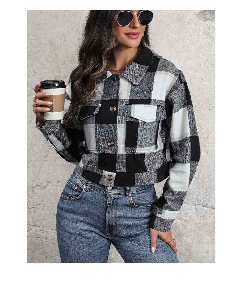 Women's Flannel Cropped Plaid Shacket Jacket Button Down Long Sleeve Shirts Tops