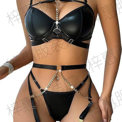 Women's Exotic Lingerie Sets Sexy Strappy Leather Rave Outfits Babydoll Garter with Underwire Push Up Bra and Chains - Seldom Seen Styles