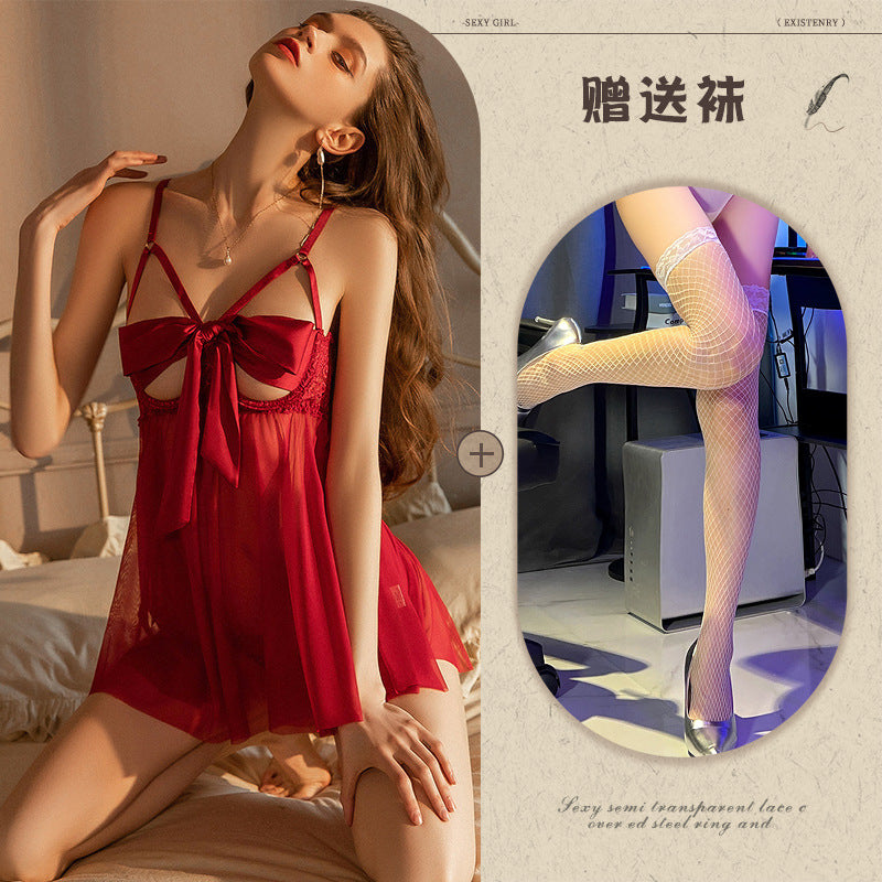 Pure Desire Sexy Lingerie Female Sexy See-through Temptation Open Crotch No-Removal Hot Passion Set Bowknot Small Chest Nightdress