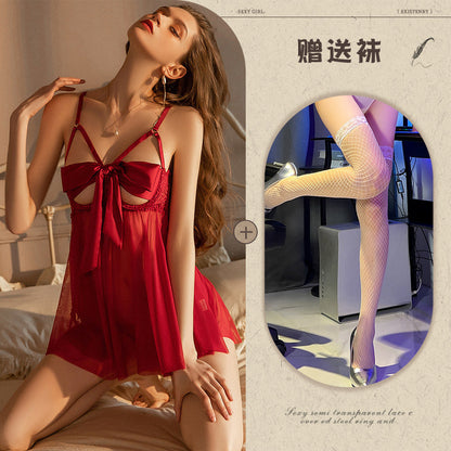 Pure Desire Sexy Lingerie Female Sexy See-through Temptation Open Crotch No-Removal Hot Passion Set Bowknot Small Chest Nightdress