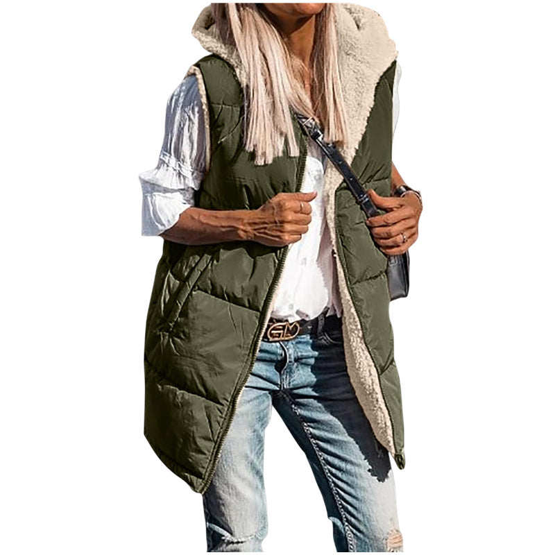 Women's Warm Reversible Vests Sleeveless Fleece Basic Jacket Zip Up Coat Long Outerwear With Pockets And Hoodie Casual Outfit#Hoodieing - Seldom Seen Styles