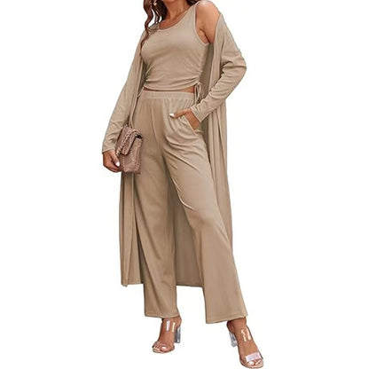 Cozy New Ekouaer Women's 3 Piece Knit Lounge Set Long Sleeve Cardigan Sleeveless Top Pants Sweatsuit S-XXL