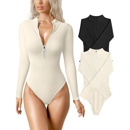 Women's 2 Piece Bodysuits Sexy Ribbed One Piece Zip Front Long Sleeve Tops Bodysuits - Seldom Seen Styles