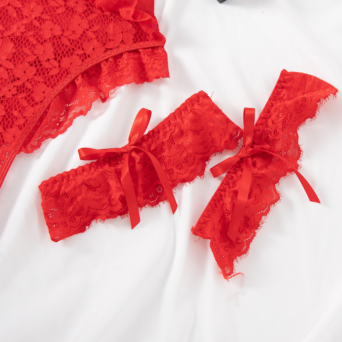 Women Sexy Lingerie Bodysuit Floral Lace Teddy Babydoll Snap Crotch Ruffle One Piece with Thigh Bands