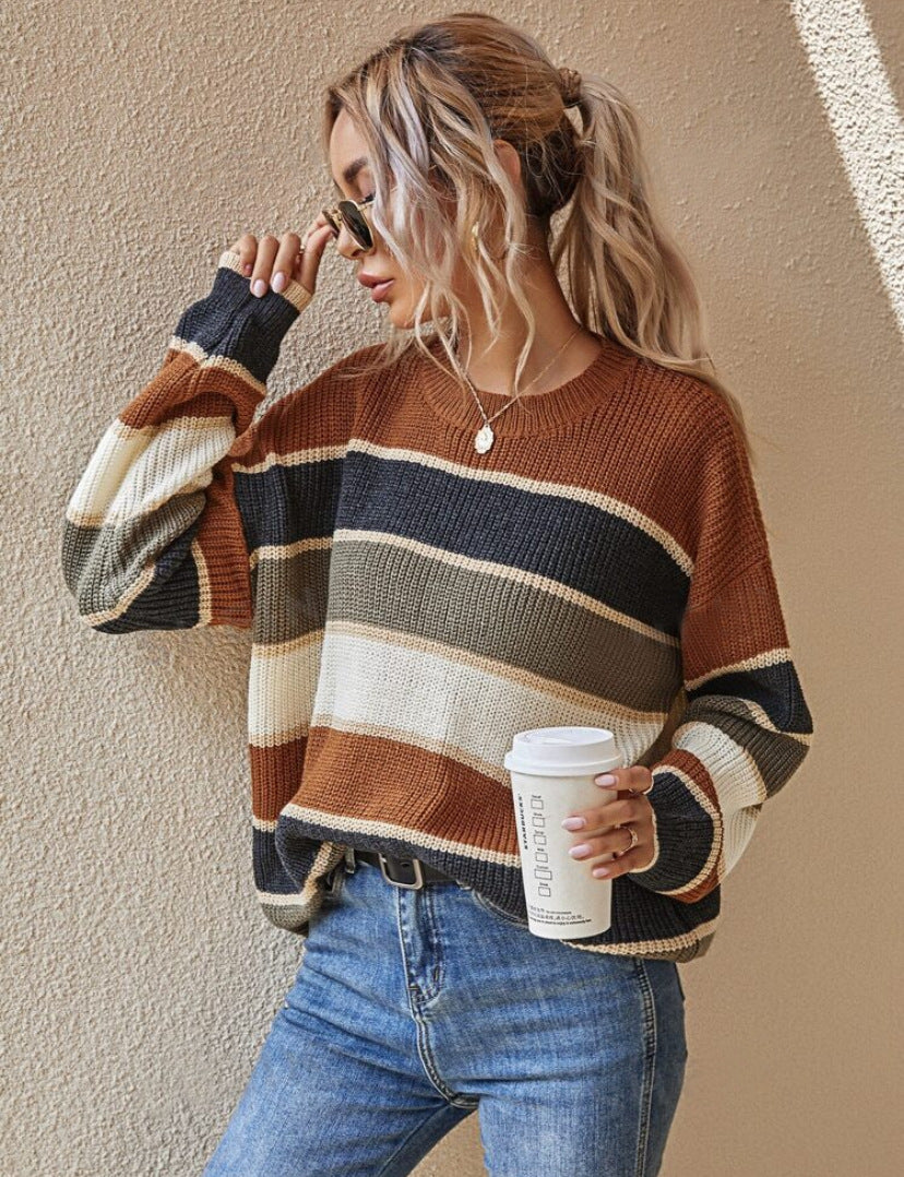 Women's Colorblock Striped Print Drop Shoulder Sweater, Soft Casual Long Sleeve Round Neck Jumper for Fall & Winter, Fashion Ladies' Knitwear for Daily Wear - Seldom Seen Styles