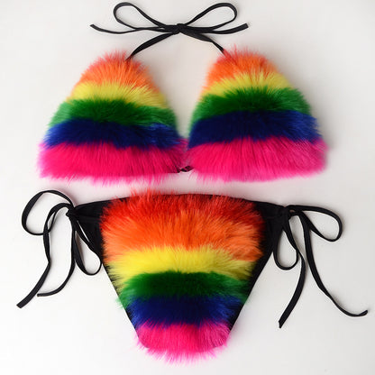Women Summer Sexy 2 Piece Bikini Set Faux Fur Rainbow Striped Halter Swimsuit Tie Side Bottom Bralette Plush Bathing Suit Party Clubwear