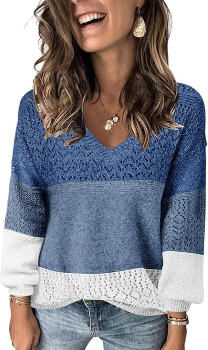Womens Sweaters 2025 Fall V Neck Long Sleeve Hollow Knit Pullover Sweaters for Women - Seldom Seen Styles