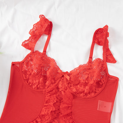 Women Sexy Lingerie Bodysuit Floral Lace Teddy Babydoll Snap Crotch Ruffle One Piece with Thigh Bands