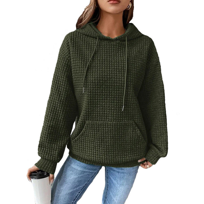 Womens Hoodies Casual Long Sleeve Drawstring Waffle Pullover Tops Loose Hooded Sweatshirt with Pocket - Seldom Seen Styles