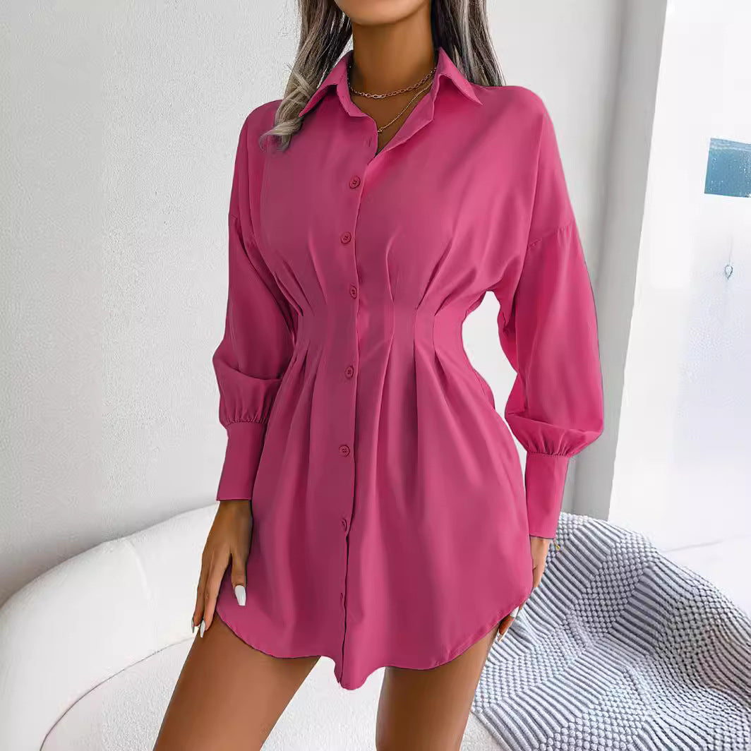 Women's Button Down Shirt Dress, Long Sleeve, Pleated Waist, Multiple Color Options Available - Seldom Seen Styles