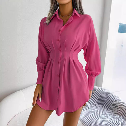 Women's Button Down Shirt Dress, Long Sleeve, Pleated Waist, Multiple Color Options Available - Seldom Seen Styles