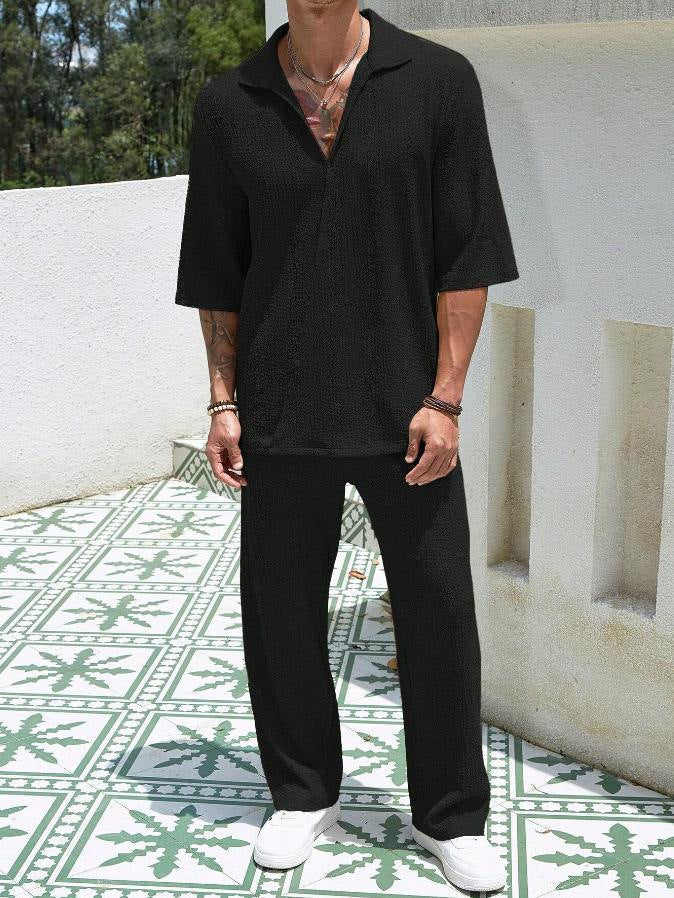 2025Spring New Commuter Suit Shirt Solid Color Short Sleeve Long Pants Men's Two-Piece Casual Set