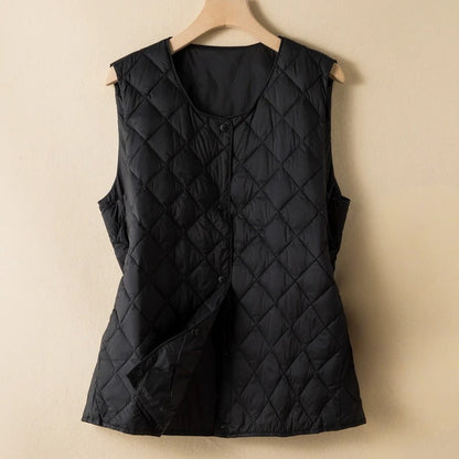Solid Plaid Line Cotton Fleece Down Jacket Coat Korean Fashion Single-breasted Round Neck Sleeveless Women's Jacket Vest - Seldom Seen Styles