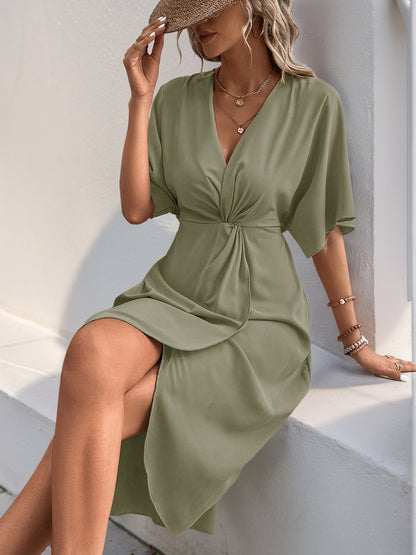 Green Batwing Sleeve Midi Dress Women V-Neck Twist Front A-Line Summer Beach Dress Elegan Wedding Guest Dress