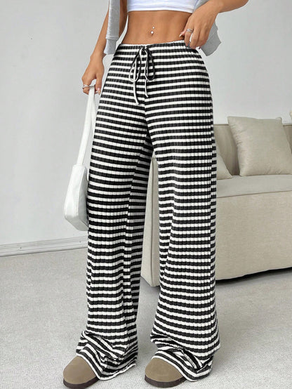 Women's Wide Leg Pants Striped Elastic High Waisted Casual Knit Palazzo Pants Drawstring Lounge Pajama Trousers - Seldom Seen Styles