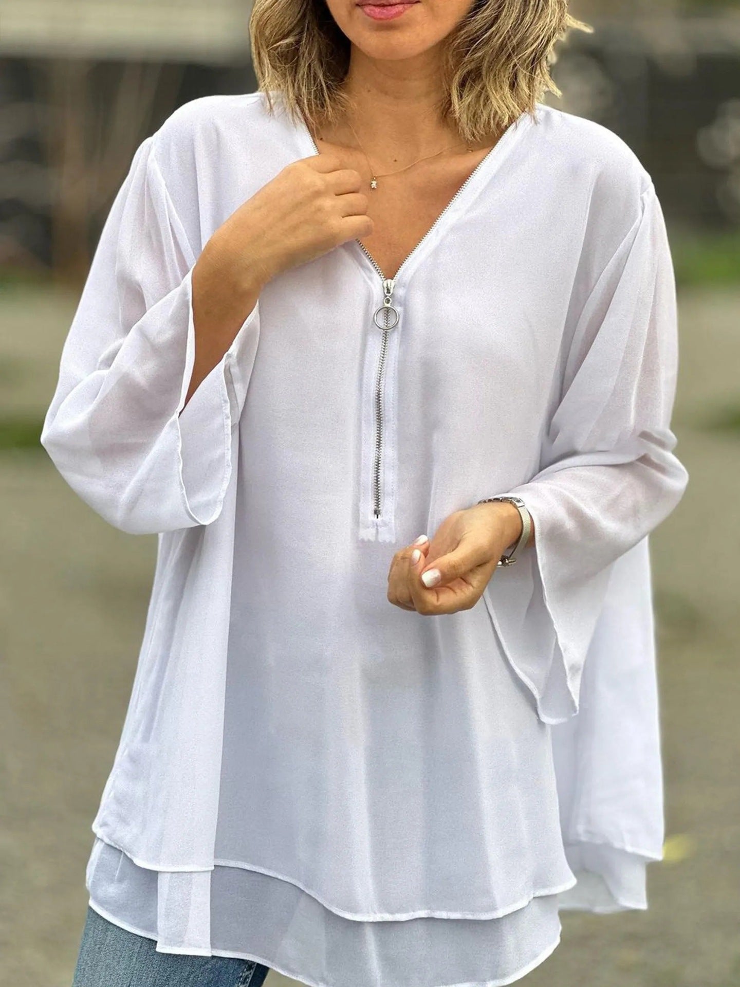 Womens V-Neck Lantern Sleeve Blouse Zipper Design Loose Casual Top Shirts - Seldom Seen Styles
