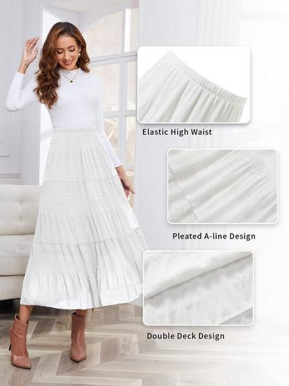 Women's Chiffon Elastic High Waist Pleated A-Line Flared Maxi Skirts Breathable & Comfortable Casual Summer Wear White Black Gymskirt - Seldom Seen Styles