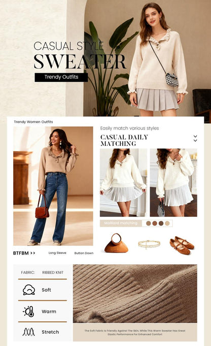 Women's Knit Pullover Sweater Tops - Casual Long Sleeve Button Down Crew Neck Ruffle Solid Color Striped - Knitwear, Womenswear - Seldom Seen Styles