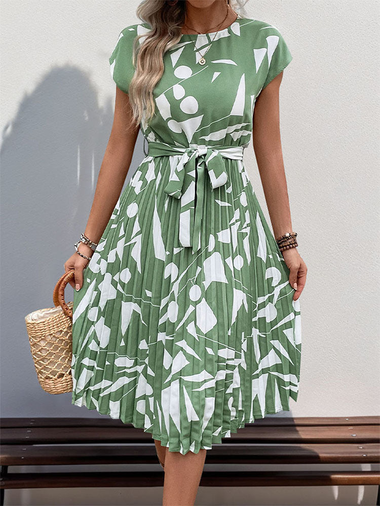 Floral Dress for Women Wedding Guest Crewneck Short Sleeve Casual Summer Dress Tie Waist Midi Flowy Boho Beach Dresses