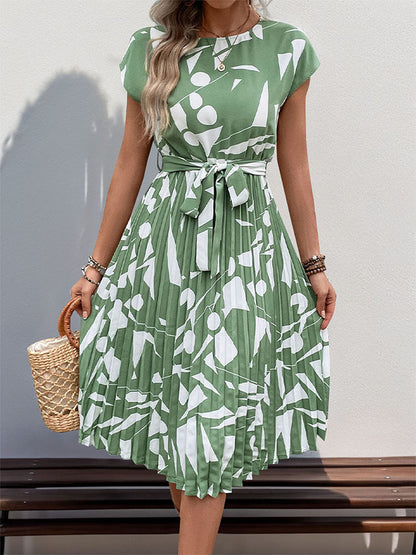 Floral Dress for Women Wedding Guest Crewneck Short Sleeve Casual Summer Dress Tie Waist Midi Flowy Boho Beach Dresses