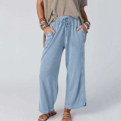 Womens Washed Wide Leg Sweatpants Vintage High Waist Baggy Pants Drawstring Athletic Palazzo Trousers with Pockets - Seldom Seen Styles
