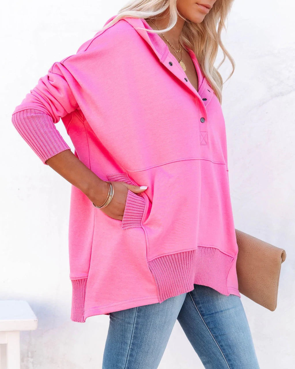 Women's Casual Oversized Sweatshirts Hoodies Button V Neck Long Sleeve Cotton Henley Pullover Hooded Tops 2025 Womenswear Winter Outfits Clothes