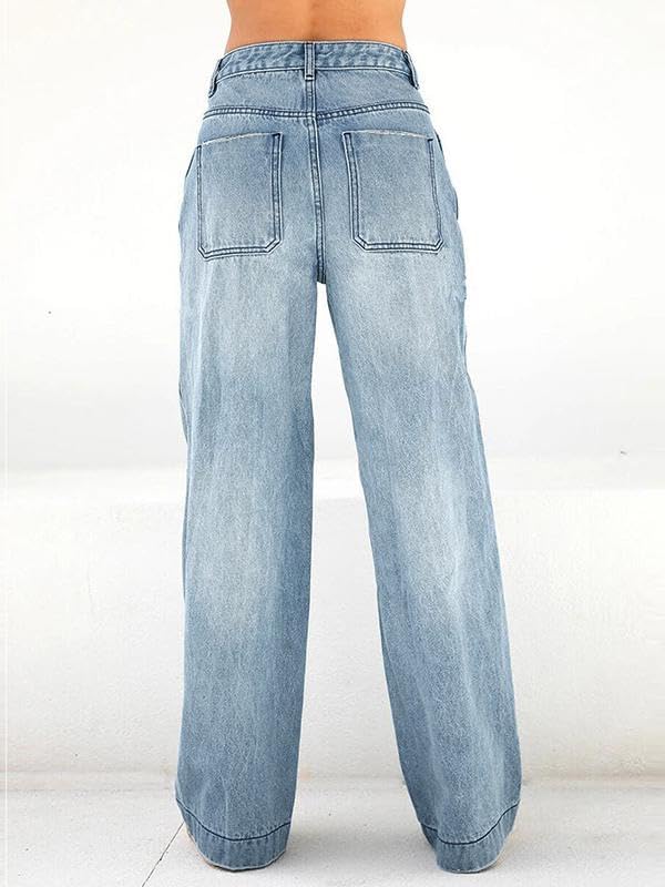Women's 2025 Wide Leg Jeans Distress Mid Waist Denim Pants Vintage Y2K Trousers - Seldom Seen Styles