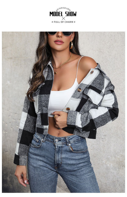 Women's Flannel Cropped Plaid Shacket Jacket Button Down Long Sleeve Shirts Tops