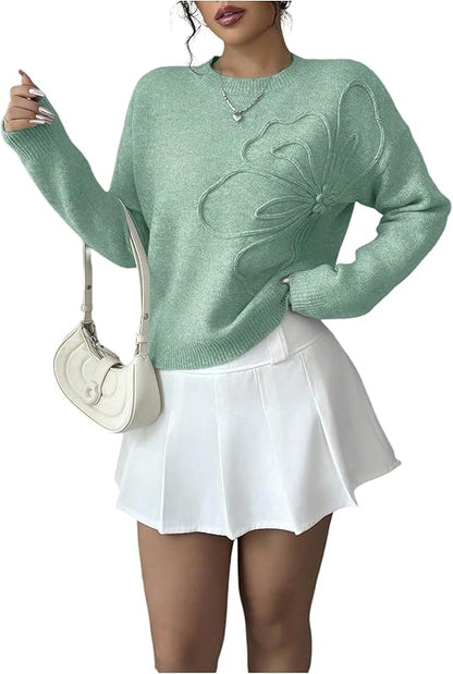 Women's 3D Floral Appliques Crewneck Sweaters Long Sleeve Drop Shoulder Pullovers Elegant Knit Tops