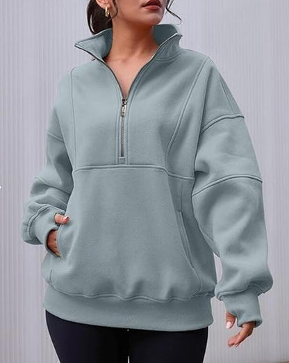 Women's Half Zip Sweatshirts Fleece Stand Collar Long Sleeve Thumb Hole Oversized Pullovers with Pockets - Seldom Seen Styles