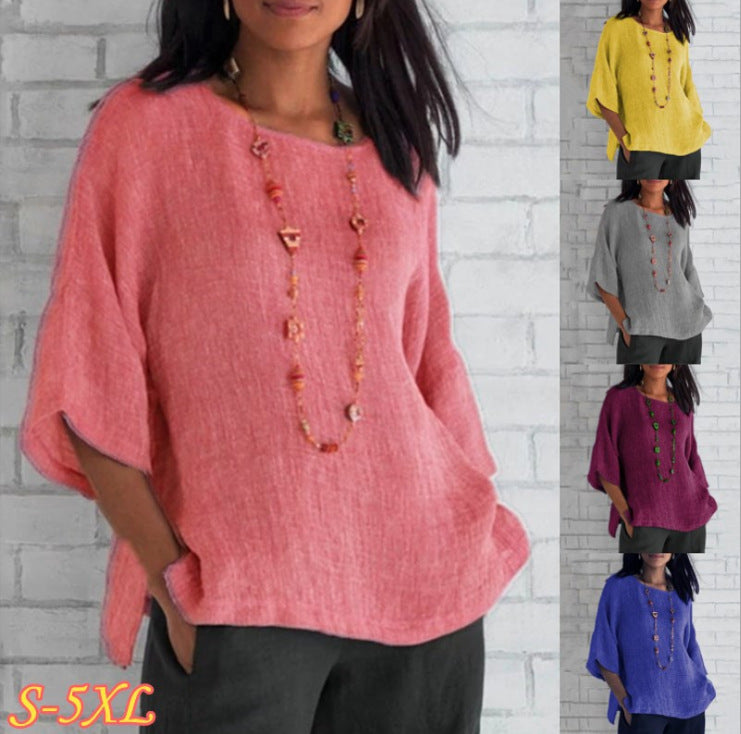 Womens Cotton Linen 3/4 Sleeve Casual Loose Top Crew Neck Shirt Spring Summer Oversized Solid Color Blouses for Women 2024 - Seldom Seen Styles