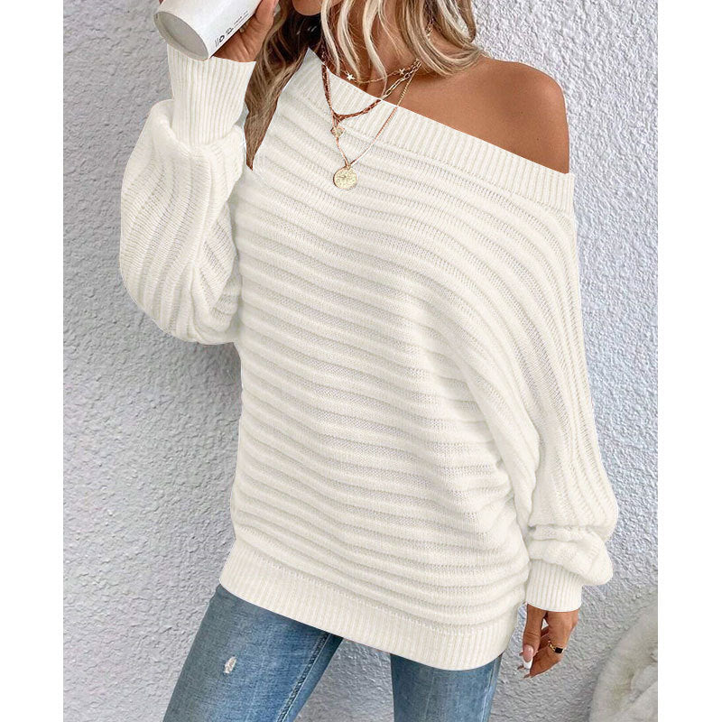 Women's Textured Asymmetrical Neck Sweater, Casual Long Sleeve Batwing Sleeve Jumper for Daily Outdoor Wear, Ladies Knit Top for All Seasons, Womenswear - Seldom Seen Styles