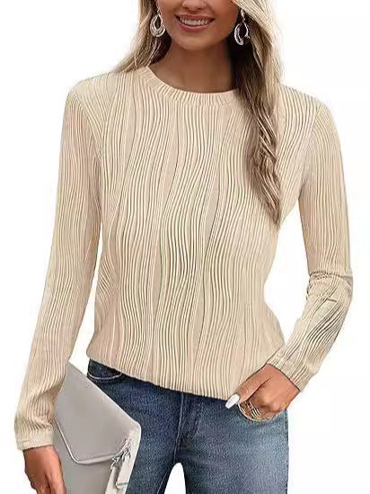 Women's Summer Fall Scalloped Lace Cuff Crewneck Tops Textured Shirts - Seldom Seen Styles