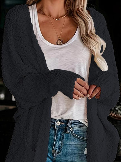 Women's Plain Pocket Batwing Sleeve Cardigan, Casual Long Sleeve Open Front Knitwear for Fall & Winter, Women's Knit Clothing for Daily Wear - Seldom Seen Styles
