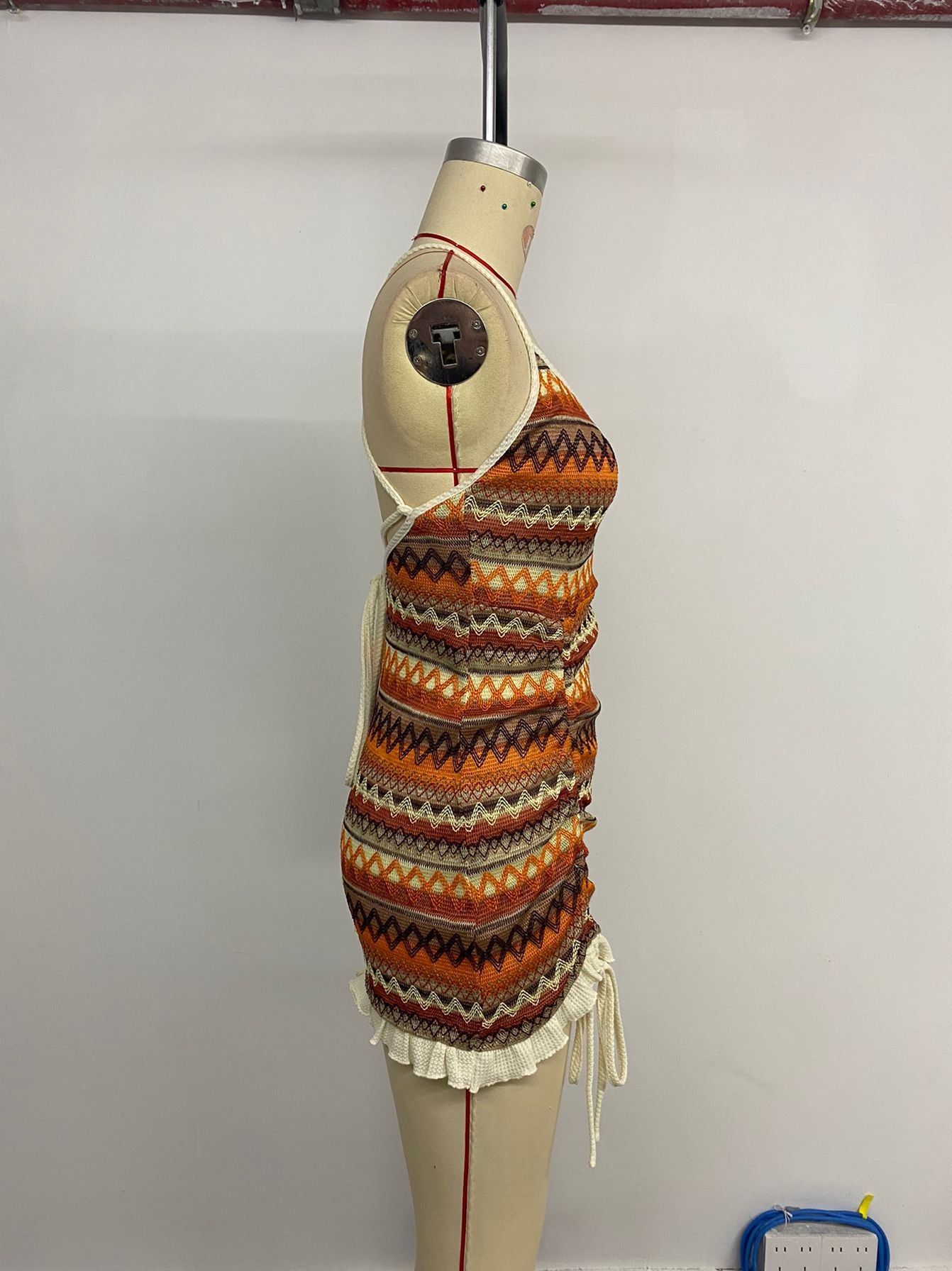 Women's Spaghetti Strap Mini Dress Side Drawstring Ruched Ethnic Pattern Knit Dresses Sexy Backless Slim Fit Dress