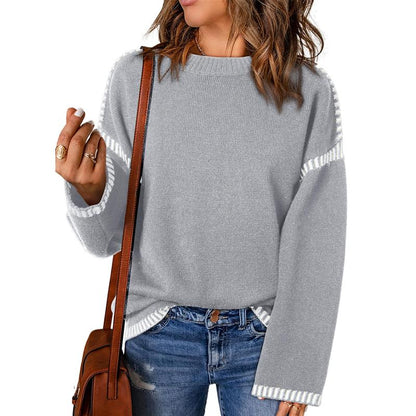 Sweaters for Women Fashion Solid Crewneck Loose Fit Long Sleeve Contrast Cable Knit Pullover Sweater Jumper Tops Knitwear Womenswear Knitwear Womenswear - Seldom Seen Styles