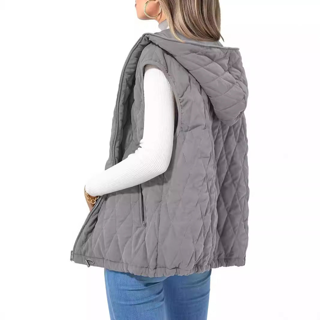 Women's Quilted Vest Casual Sleeveless Hooded Zip Up Diamond pattern Jacket With Pockets Winter Coat Outerwear Minimalist Top - Seldom Seen Styles