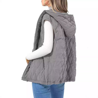 Women's Quilted Vest Casual Sleeveless Hooded Zip Up Diamond pattern Jacket With Pockets Winter Coat Outerwear Minimalist Top