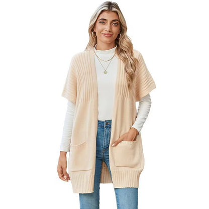 2025 Women’s Going Tops Trend – Oversized Lightweight Open-Front Pleated Short-Sleeve Knitwear Knit Cardigan Sweater, Casual Summer Outerwear & Womenswear Layering Piece in Multiple Colors - Seldom Seen Styles