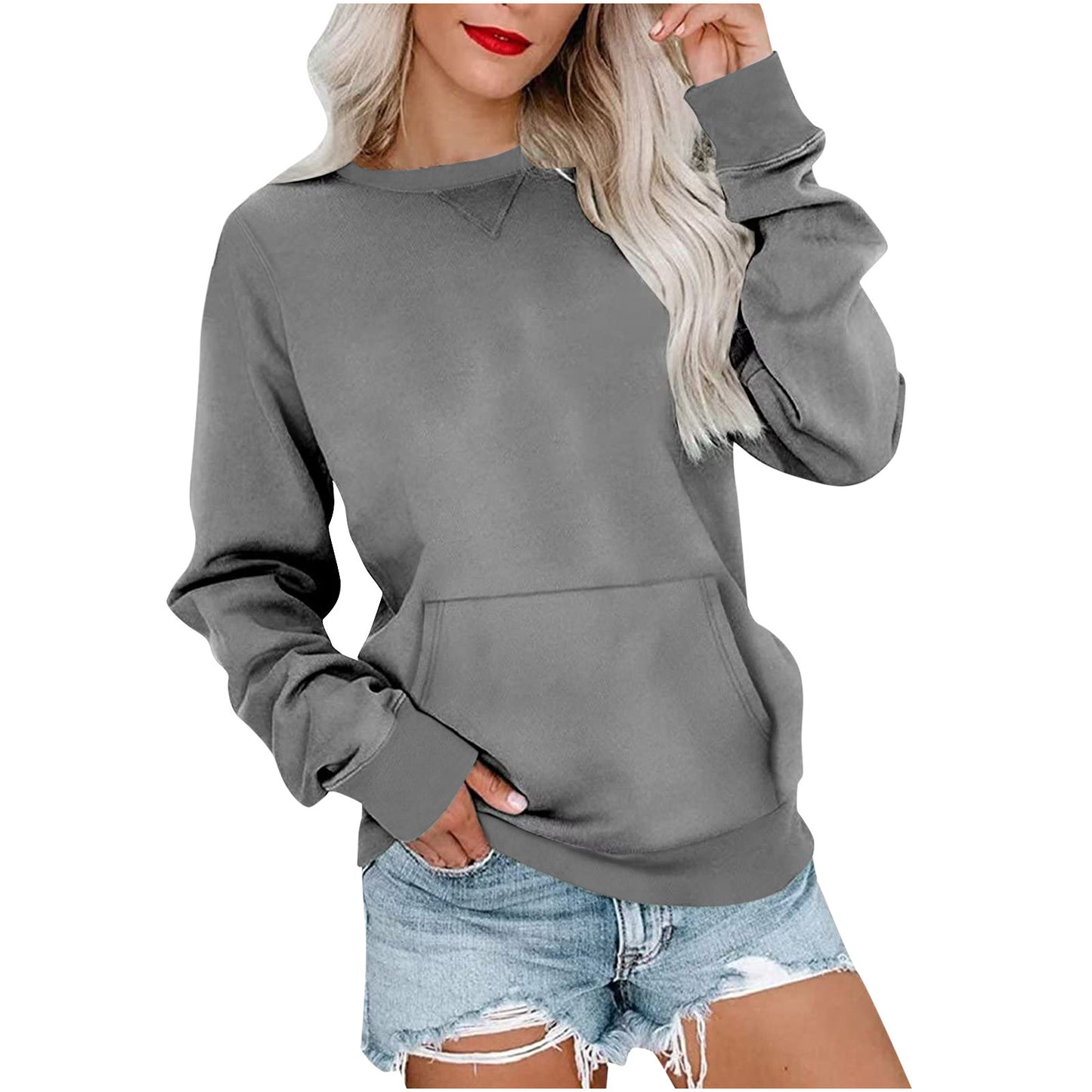 Women's Crewneck Hoodless Sweatshirt With Kangaroo Pocket Fleece Longsleeve Oversized Casual Style Shirt Lightweight Pullover - Seldom Seen Styles